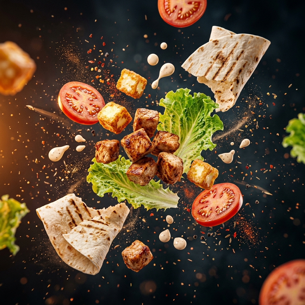 Anti-gravity ingredient explosion — pita bread, chicken cubes, tomatoes