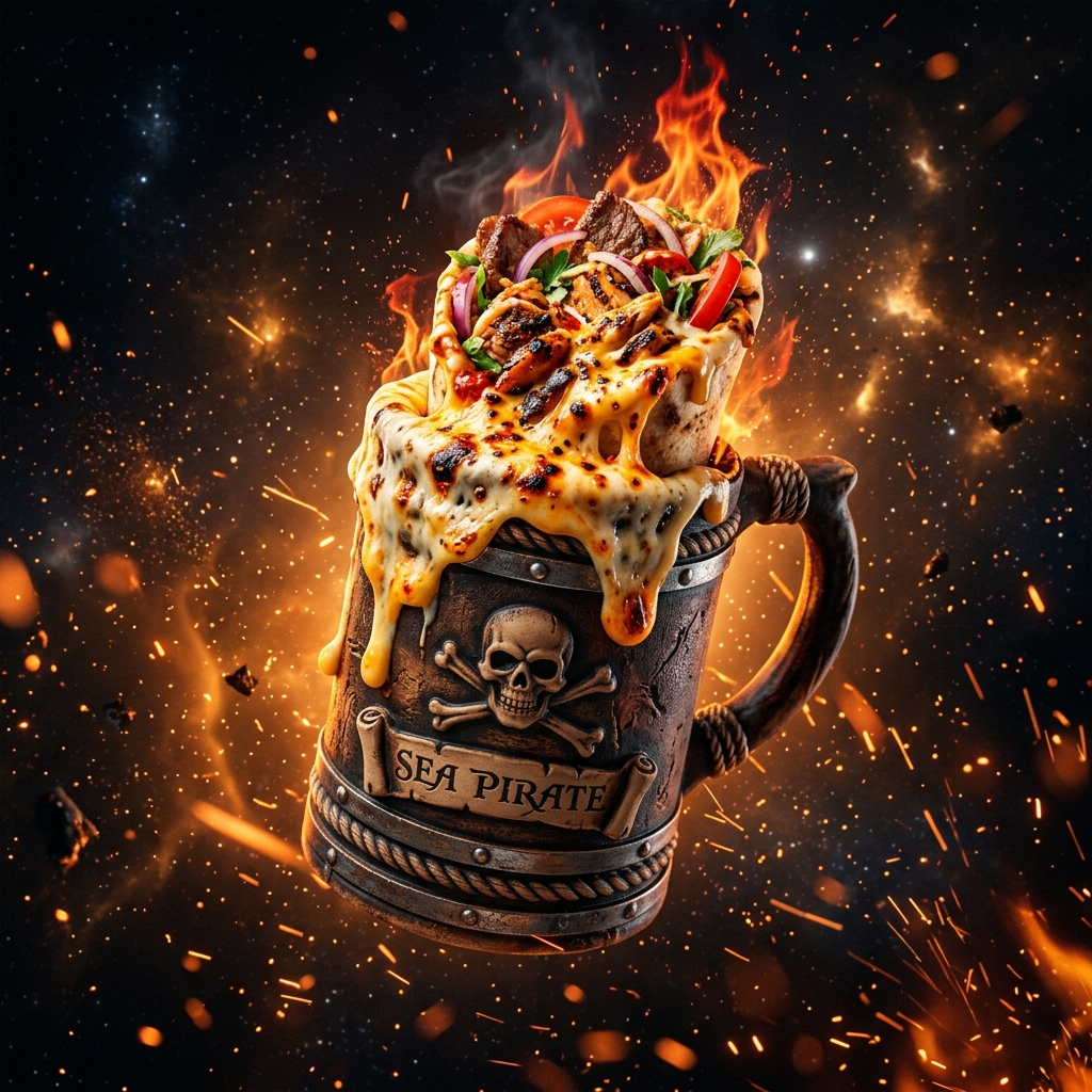 Cheese Fire Mug Shawarma — molten cheese overflowing from a pirate mug