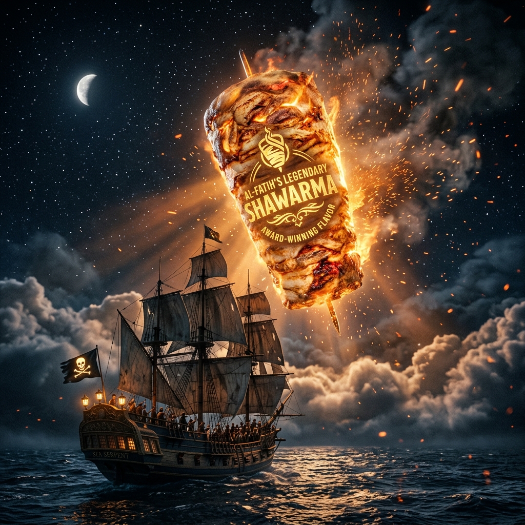 Giant glowing shawarma floating above pirate ship under night sky