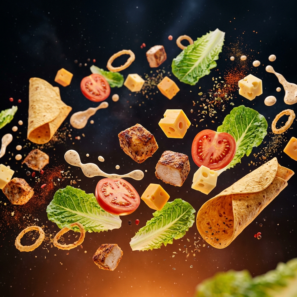 Floating shawarma ingredients — lettuce, cheese, chicken, tortilla, sauce