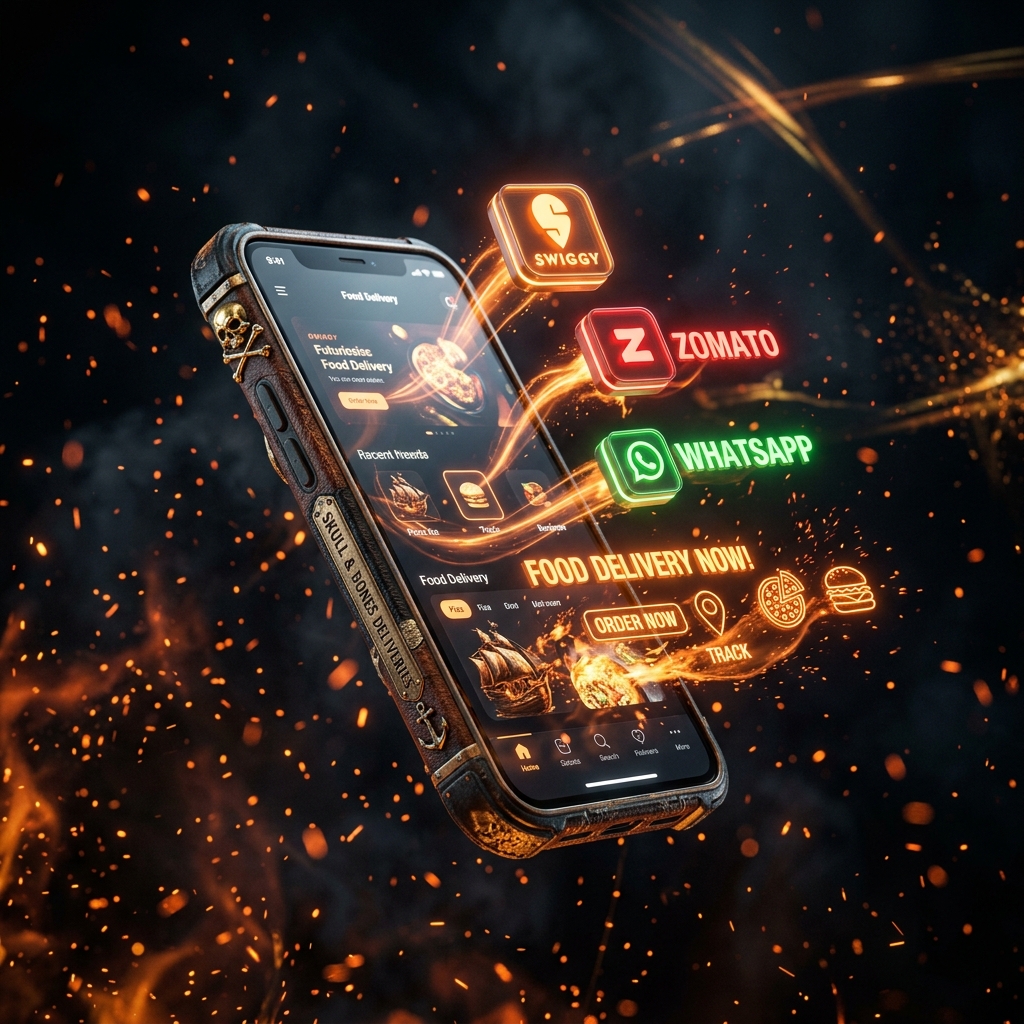 Levitating phone showing Swiggy and Zomato ordering options