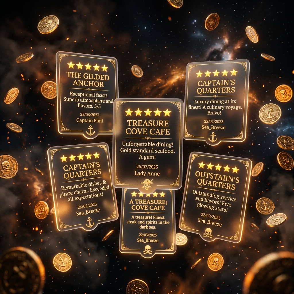 Floating review cards in pirate-themed space