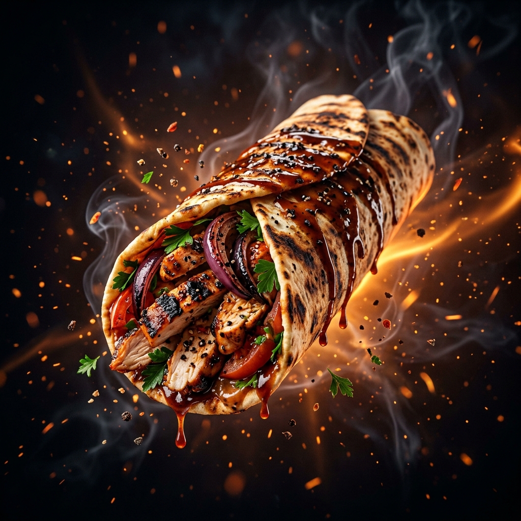 Pepper Barbeque Shawarma — smoky BBQ chicken in charred flatbread