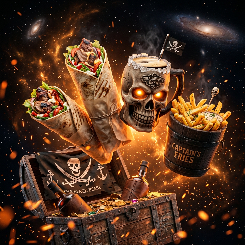 Pirate Combo — treasure chest of shawarma, fries, and drinks